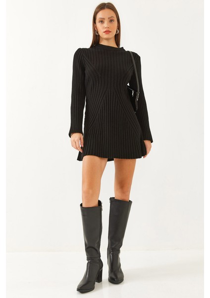 Kadın Bisiklet Yaka Fitilli Mini Triko Elbise