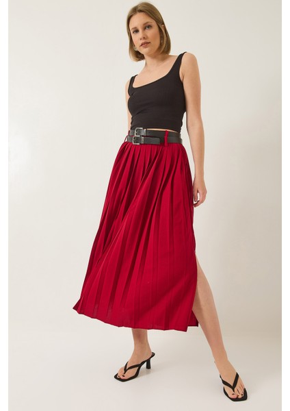 Kadın Çift Kemerli Yırtmaç Detaylı Piliseli Uzun Etek