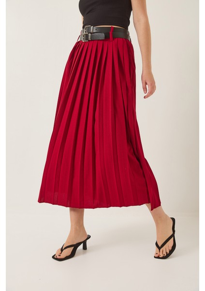 Kadın Çift Kemerli Yırtmaç Detaylı Piliseli Uzun Etek fırsatları