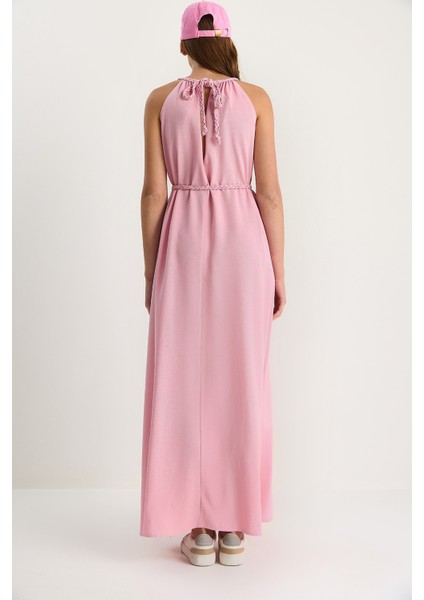 Kadın Örgü Kemerli Halter Yaka Yırtmaç Detaylı Keten Elbise modelleri