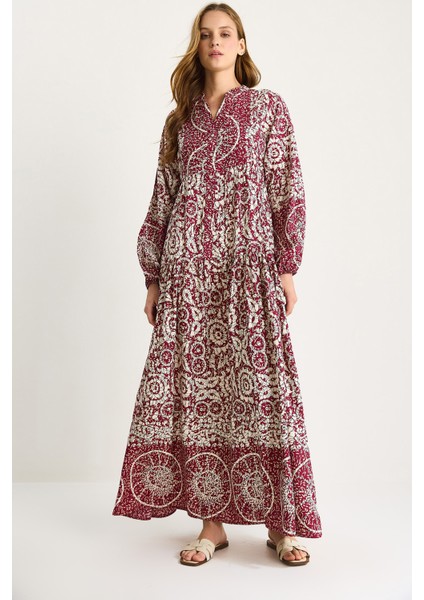 Kadın V Yaka Desenli Düğme Detaylı Maxi Viskon Elbise