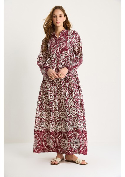 Kadın V Yaka Desenli Düğme Detaylı Maxi Viskon Elbise fiyatları