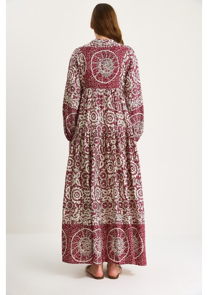 Kadın V Yaka Desenli Düğme Detaylı Maxi Viskon Elbise modelleri