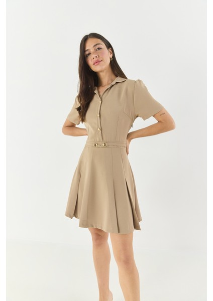 Kadın Gömlek Yaka Düğme ve Kemer Detaylı Piliseli Elbise modelleri