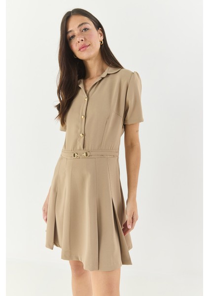 Kadın Gömlek Yaka Düğme ve Kemer Detaylı Piliseli Elbise fırsatları