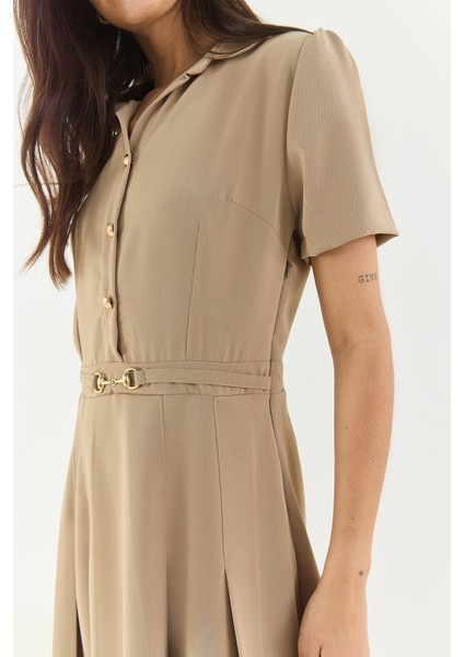 Kadın Gömlek Yaka Düğme ve Kemer Detaylı Piliseli Elbise indirimleri