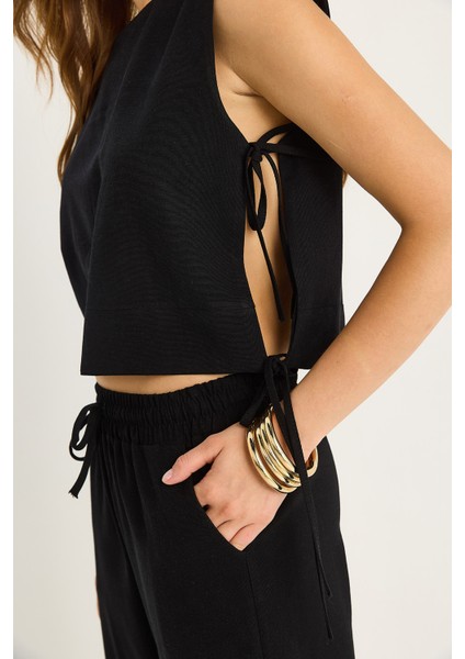 Kadın Vatkalı Yandan Bağlamalı Bluz Beli Lastikli Bol Pantolonlu Keten Takım fırsatları