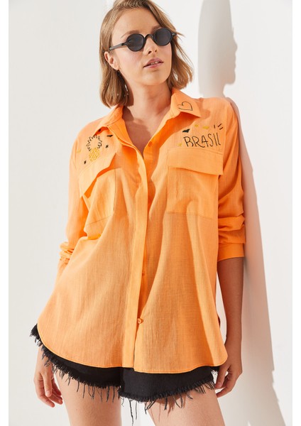 Kadın Çift Cepli Nakış Işlemeli Keten Basic Gömlek fiyatları