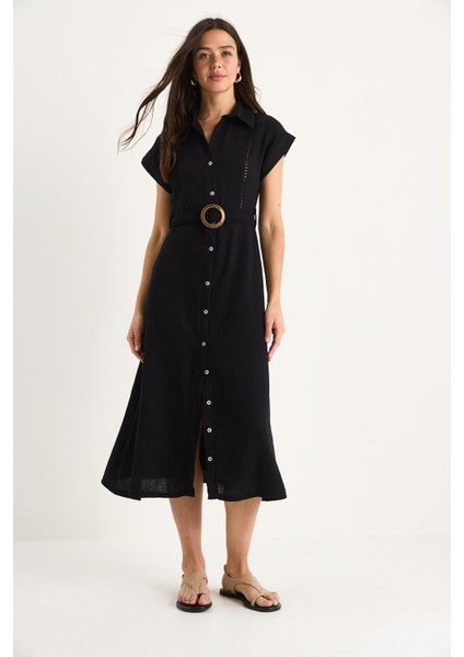 Kadın Şerit Dantel Detaylı Düğme Kapamalı Kemerli Astarlı Müslin Elbise fiyatları