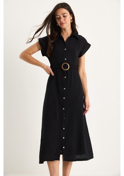 Kadın Şerit Dantel Detaylı Düğme Kapamalı Kemerli Astarlı Müslin Elbise modelleri