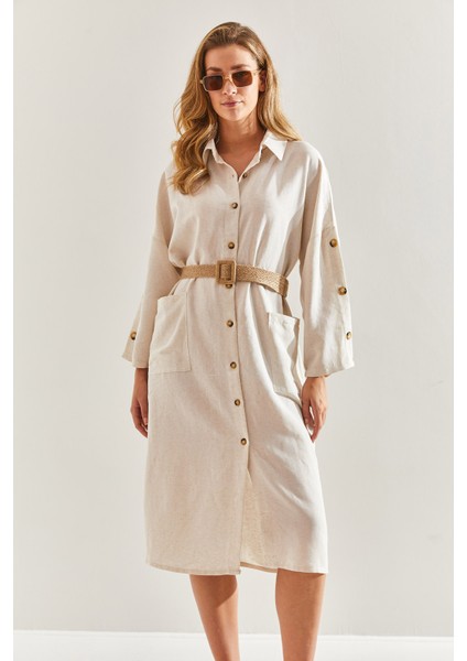 Kadın Hasır Kemerli Keten Gömlek Elbise