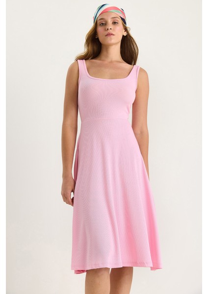 Kadın U Yaka Askılı Fitilli Kloş Elbise