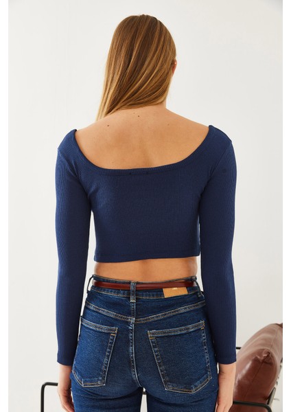 Kadın Kare Yaka Uzun Kollu Basic Crop Bluz