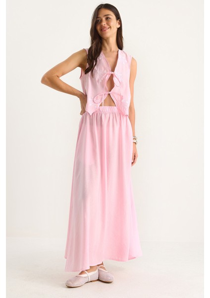 Kadın Önü Bağlamalı Nakış Işlemeli Yelek Cep Detaylı Uzun Modal Etek Takım