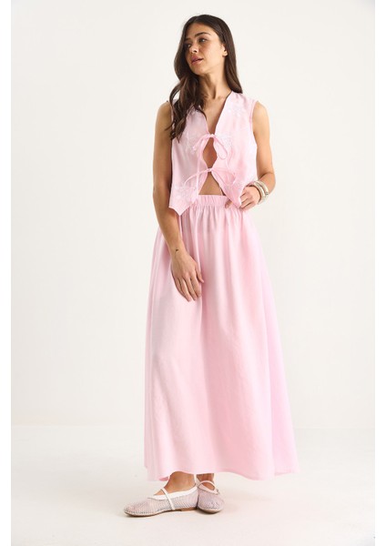 Kadın Önü Bağlamalı Nakış Işlemeli Yelek Cep Detaylı Uzun Modal Etek Takım indirimleri