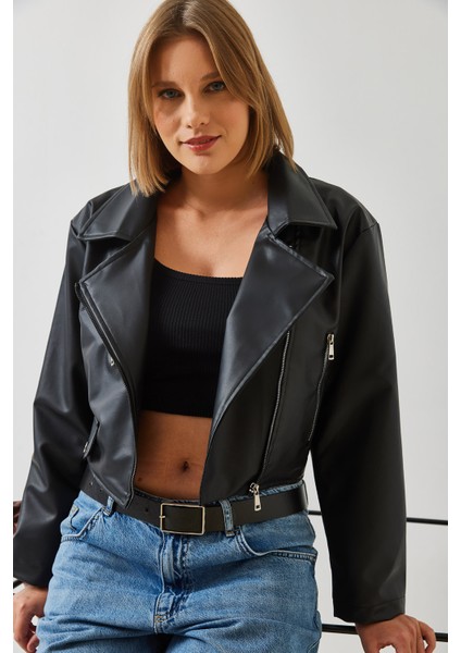 Kadın Asimetrik Fermuar Detay Deri Ceket