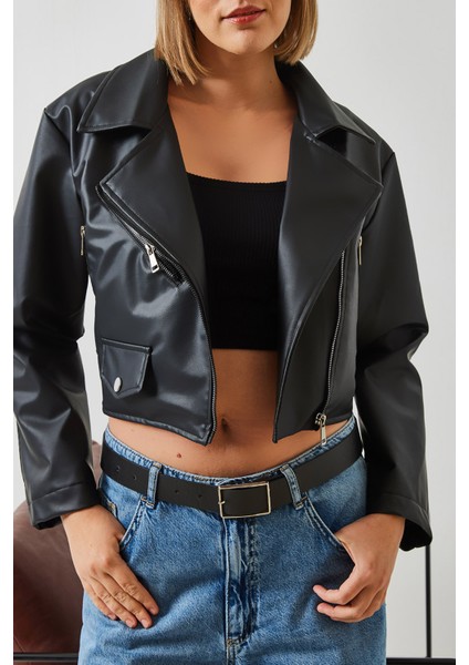 Kadın Asimetrik Fermuar Detay Deri Ceket fiyatları