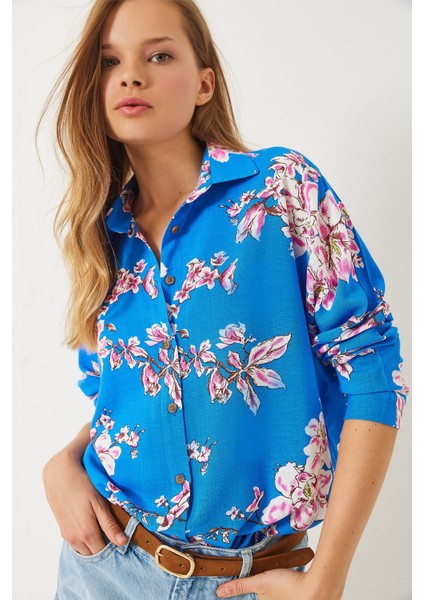 Kadın Çiçek Desenli Oversize Viskon Keten Gömlek