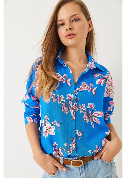 Kadın Çiçek Desenli Oversize Viskon Keten Gömlek fiyatları