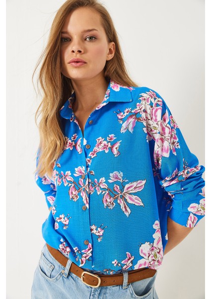 Kadın Çiçek Desenli Oversize Viskon Keten Gömlek modelleri