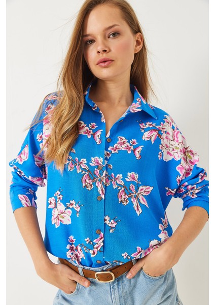 Kadın Çiçek Desenli Oversize Viskon Keten Gömlek fırsatları