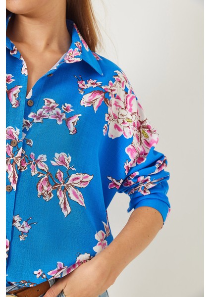 Kadın Çiçek Desenli Oversize Viskon Keten Gömlek indirimleri