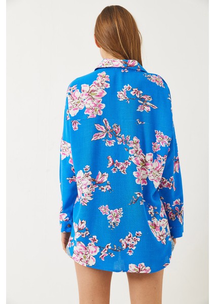 Kadın Çiçek Desenli Oversize Viskon Keten Gömlek