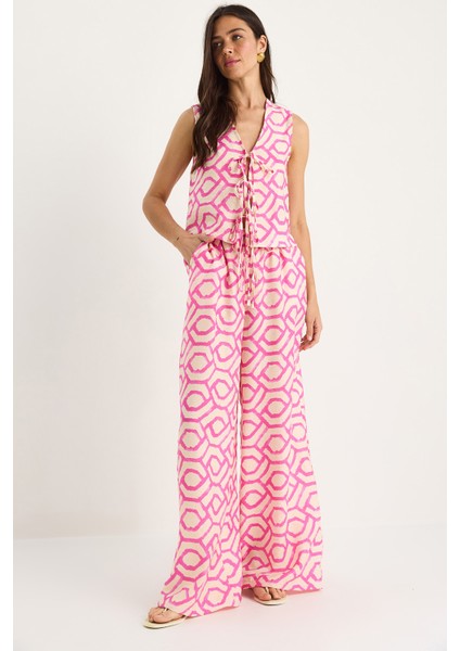 Kadın Bağlama Detaylı Bluz Desenli Viskon Alt-Üst Takım -