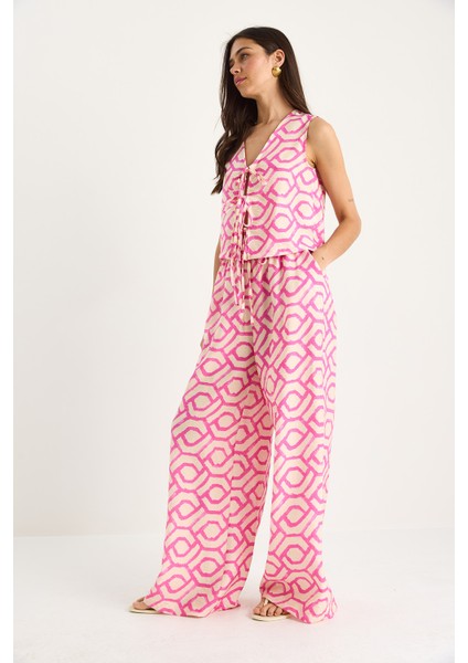 Kadın Bağlama Detaylı Bluz Desenli Viskon Alt-Üst Takım - modelleri