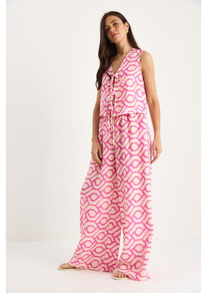 Kadın Bağlama Detaylı Bluz Desenli Viskon Alt-Üst Takım - fırsatları