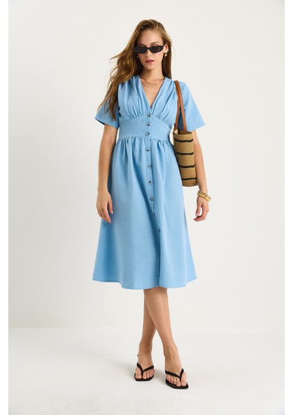 Kadın V Yaka Bel Detaylı Düğmeli Kısa Kollu Viskon Keten Elbise fiyatları