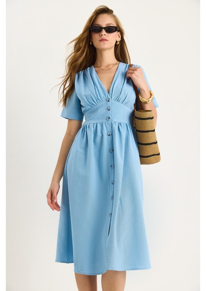 Kadın V Yaka Bel Detaylı Düğmeli Kısa Kollu Viskon Keten Elbise modelleri