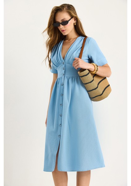 Kadın V Yaka Bel Detaylı Düğmeli Kısa Kollu Viskon Keten Elbise fırsatları