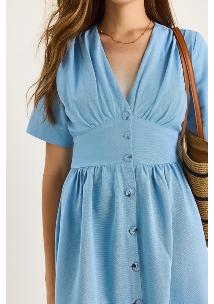 Kadın V Yaka Bel Detaylı Düğmeli Kısa Kollu Viskon Keten Elbise indirimleri