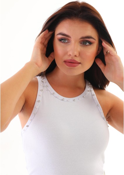 Beyaz Taş İşlemeli Kadın Atlet modelleri