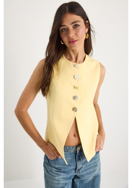 Kadın Regular Bisilet Yaka Gold Düğme Detaylı Astarlı Dokuma Yelek