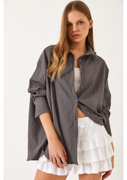 Kadın Düşük Omuz Oversize Basic Bürümcük Gömlek