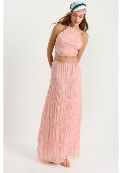 Kadın Sırt Detaylı Gipeli Crop Bluz Astarlı Pileli Etek Takım