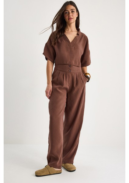 Kadın V Yaka Bluz Yüksek Bel Pantolonlu Modal Alt-Üst Takım fiyatları