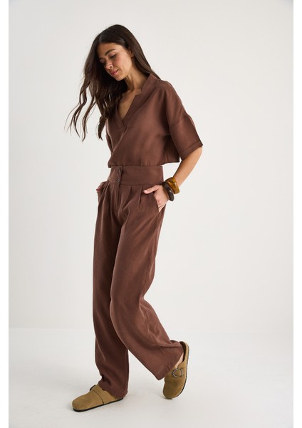 Kadın V Yaka Bluz Yüksek Bel Pantolonlu Modal Alt-Üst Takım modelleri