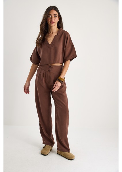 Kadın V Yaka Bluz Yüksek Bel Pantolonlu Modal Alt-Üst Takım fırsatları