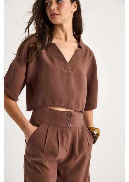 Kadın V Yaka Bluz Yüksek Bel Pantolonlu Modal Alt-Üst Takım indirimleri