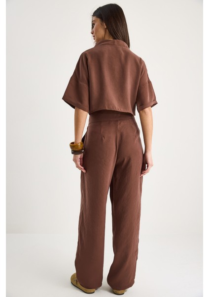 Kadın V Yaka Bluz Yüksek Bel Pantolonlu Modal Alt-Üst Takım