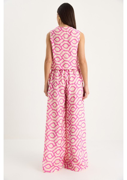 Kadın Bağlama Detaylı Bluz Desenli Viskon Alt-Üst Takım -