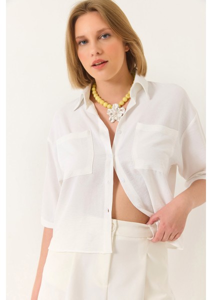 Kadın Çift Cep Detaylı Keten Aerobin Oversize Kısa Gömlek