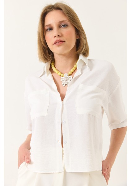 Kadın Çift Cep Detaylı Keten Aerobin Oversize Kısa Gömlek fiyatları