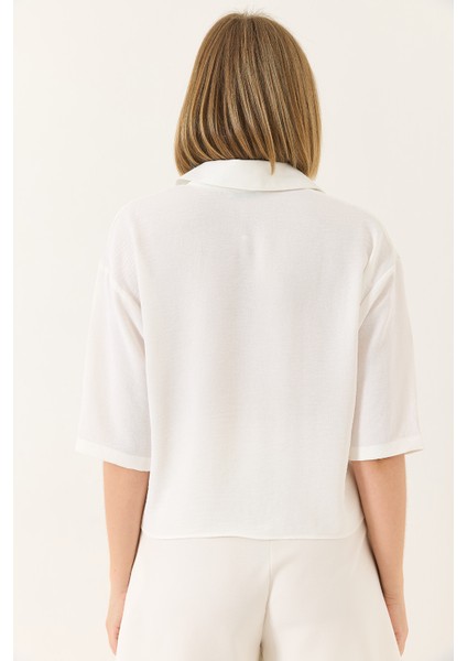 Kadın Çift Cep Detaylı Keten Aerobin Oversize Kısa Gömlek modelleri