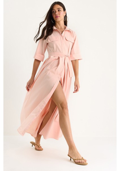 Kadın Pile Etekli Cep Detaylı Kuşaklı Poplin Midi Elbise