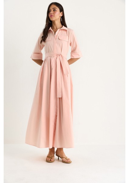 Kadın Pile Etekli Cep Detaylı Kuşaklı Poplin Midi Elbise modelleri