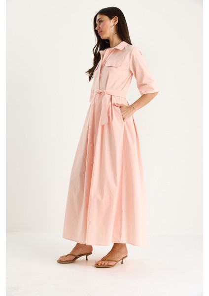 Kadın Pile Etekli Cep Detaylı Kuşaklı Poplin Midi Elbise fırsatları